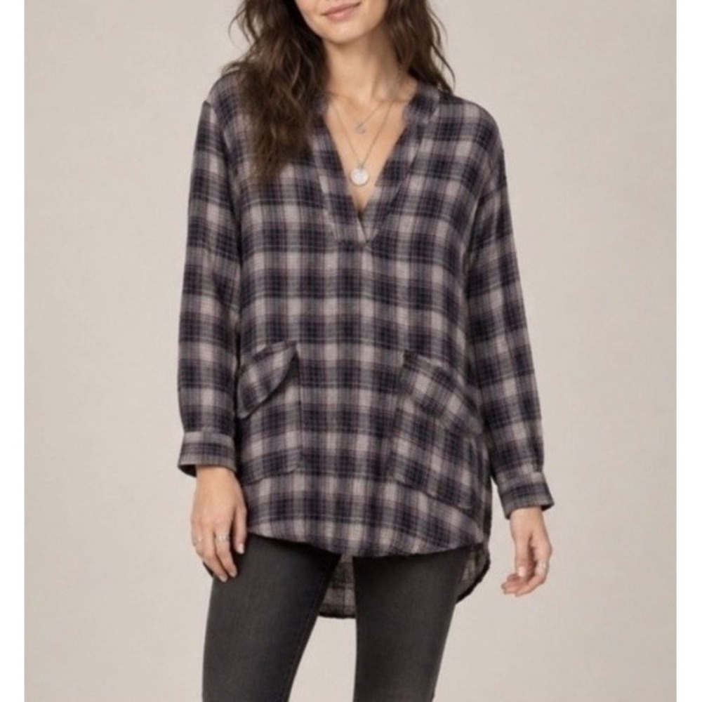 Natural Life Plaid Tunic Women Sz L Purple Cotton Split Neck Pockets Boho
